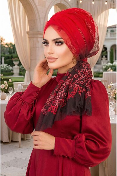 Aişe tesettür Red Black Flocked Printed Tulle Evening Dress with Buckle Bonnet