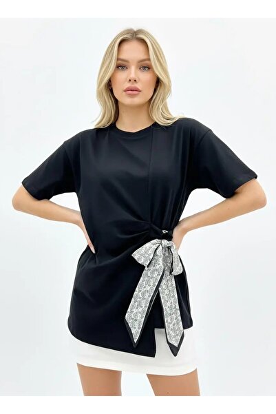 Park Karon 26013 100% Cotton Crew Neck Scarf Detail Combed Cotton Blouse