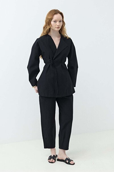 QALVE Double-Breasted Collar Belted Suit Black