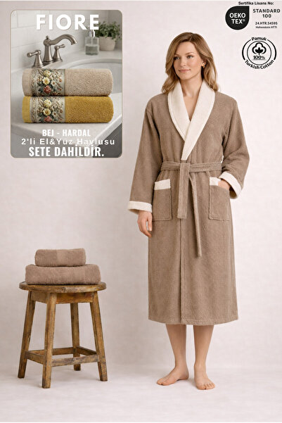 Ellaline 3 Piece Women's Contrast Bathrobe Set 100% Certified Cotton + Fiore ...