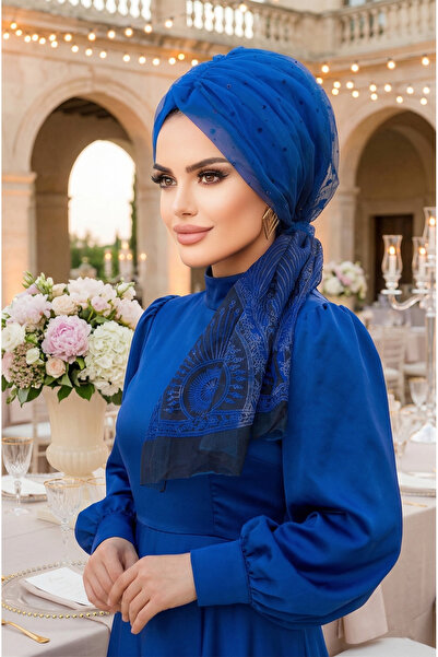 Aişe tesettür Blue Black Ethnic Pattern Flocked Printed Tulle Evening Dress w...