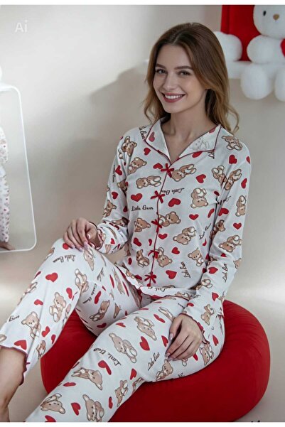 NiCe İç Giyim Ecru Color Red Heart & Teddy Bear Pattern Bow Detail Soft Women...