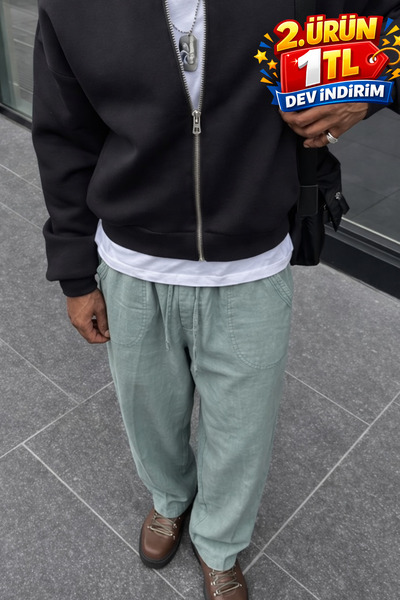 DAMGA JEANS Men's Summer Regular Loose-Legged Dark Green Linen Trousers