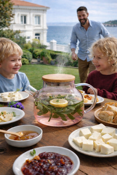 Lilamor إبريق شاي زجاجي بغطاء من الخيزران من بيجونفيل - سعة 1100 مل، تصميم شف...