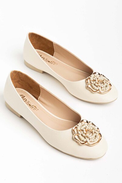 Dilimler Ayakkabı Large Size Women's Ballerina Flats Beige Skin Flower Detail...