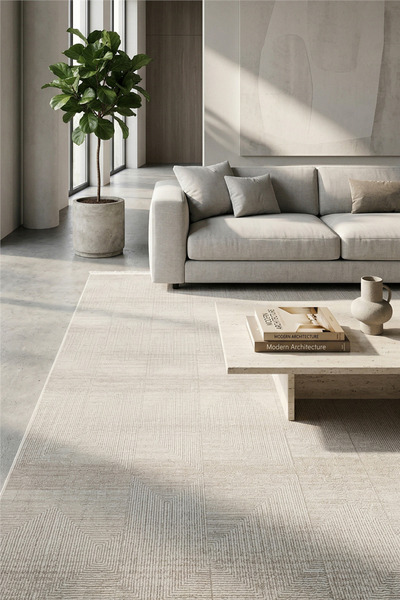 Çağ Halı Ekru-Vizon Velar Kabartmalı Patchwork Desenli Kaymaz Taban Saten Bam...