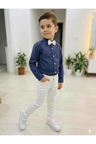YARENKİDS Boy's polka dot bow tie and white pants top and bottom set