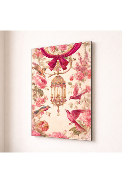 Pembe Kuş & Çiçek Cam Tablo Vintage Floral Modern Dekoratif Duvar Tablosu