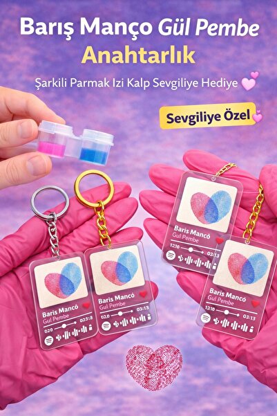 nolva Barış Manço Rose Pink Keychain Singing Fingerprint Heart Lover Gift Cou...
