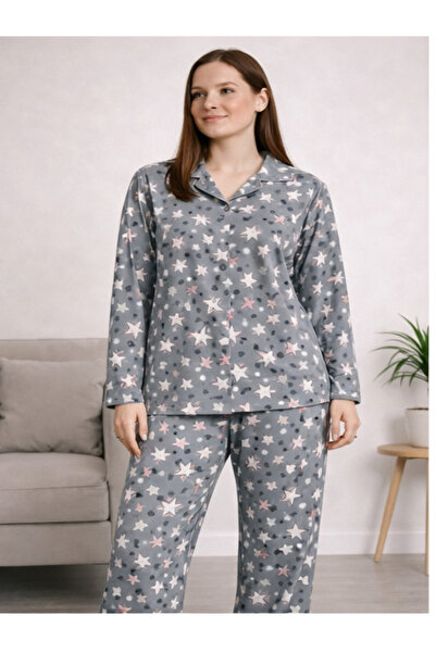 MİSS ADELLA Women's Buttoned High Collar Pajama Set Gray Heart Star Colorful ...