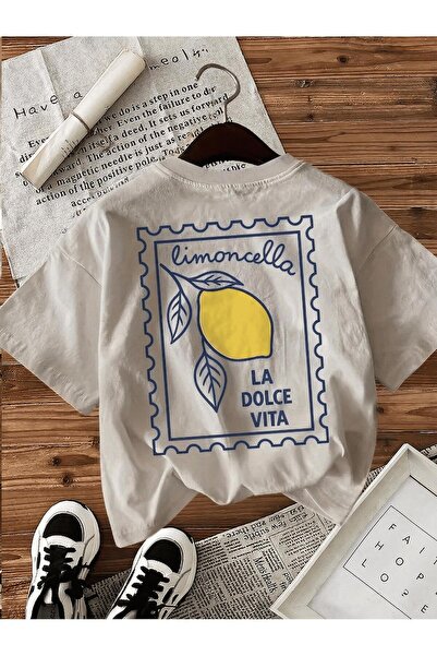 Oksit Limoncella "La Dolce Vita" Printed Oversize Cotton Women's T-Shirt