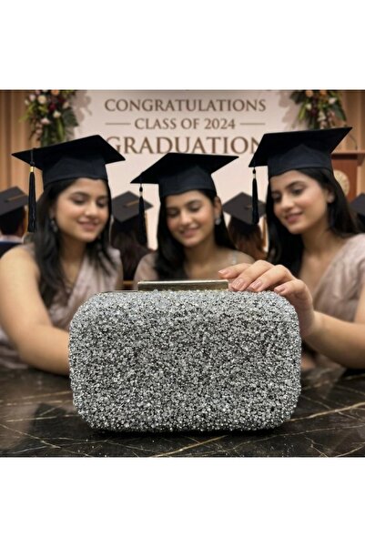 TABA BUTİK Evening Dress Bag with Stone-Embellished Long Chain Strap and Hand...