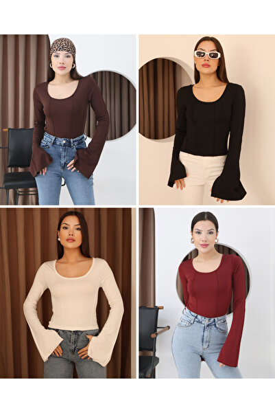 ESL ESLEM 4 lü Kadın İspanyol Kol Basic Crop Top Çimalı Bluz