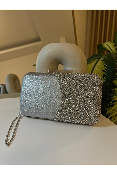 TABA BUTİK Evening Dress Bag with Stone-Embellished Long Chain Strap and Hand...