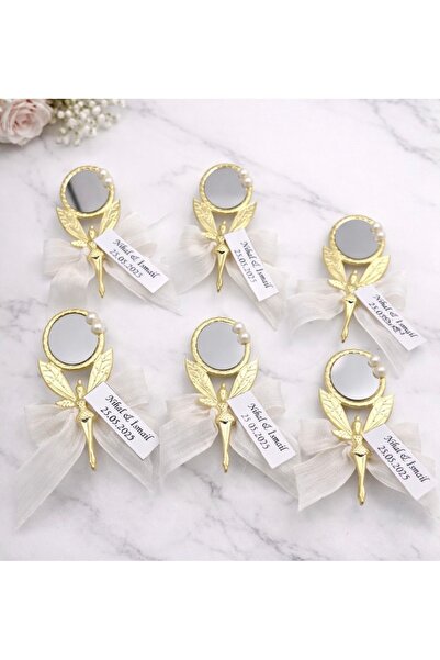 Bianı Tasarım İnci Süslemeli Gold Melek Ayna Magnet, Söz, Nişan, Düğün, Nikah...