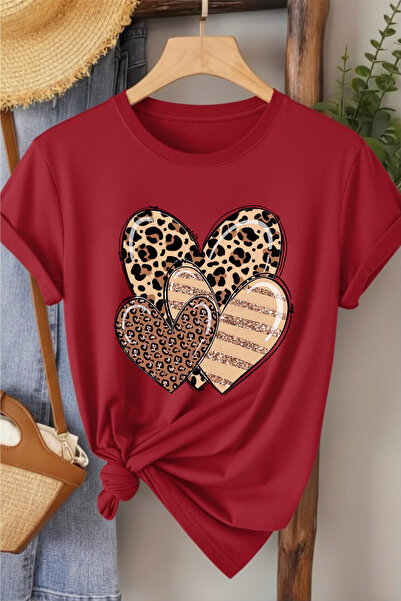 l'eivor Leopard Patterned Heart Design Printed Women's T-Shirt