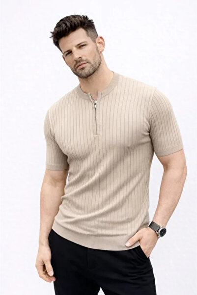 JANES Men's Short Sleeve Ribbed Knit T-Shirt Summer Style Stand Collar T-Shir...