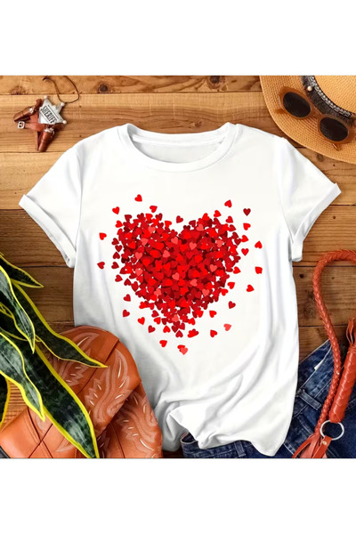 LİNA06 Heart Print Crew Neck T-Shirt, Casual Short Sleeve Top For Spring & Su...
