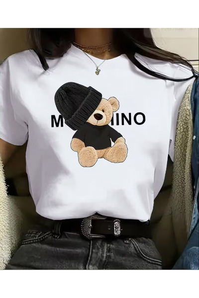 LİNA06 New Spring and Summer Fashion Bear Pattern Printed Basic T-shirt for D...