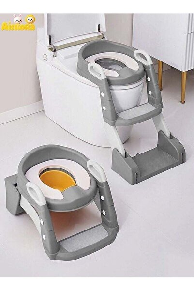Aissiora مقعد تدريب على استخدام المرحاض محمول باللون الرمادي مع درج للصعود لل...