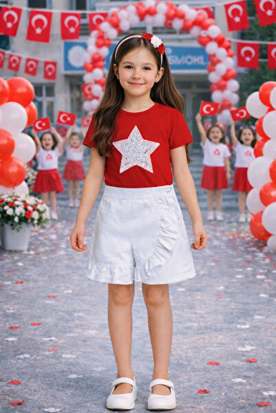 HER ŞEY NOTA www.herseynota.com Tricou cu model stea roșie pentru fete, panta...