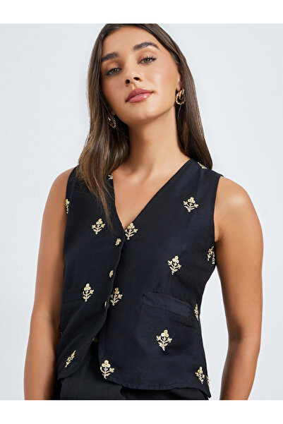 Styli Black Embroidered Sleeveless Waistcoat