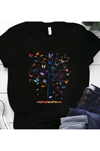 LİNA06 Butterfly Tree Print T-Shirt, Short Sleeve Casual Top For Summer & Spr...