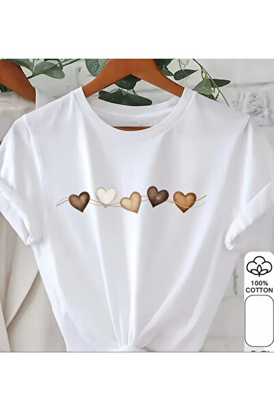 LİNA06 100% Short-Sleeve T-Shirt for Women with a Heart Pattern Print, Versat...