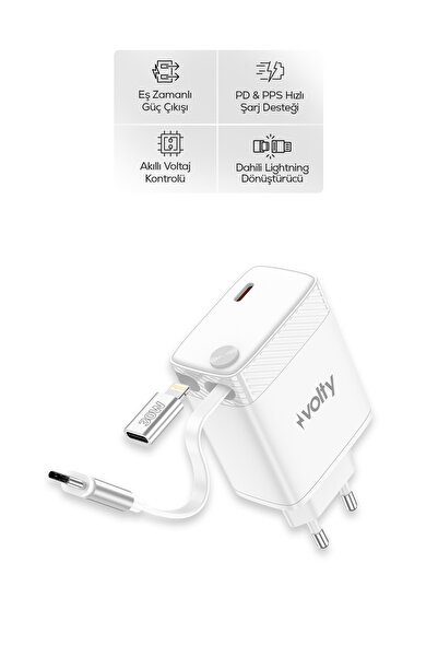 Volty Hızlı Şarj Adaptörü | 45W PD GaN, Geri Çekilebilir USB-C Kablolu, 2 Por...