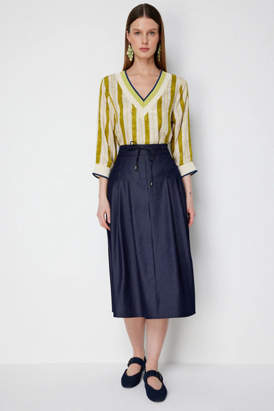 Ekol Beli Lace-Up Pleated Midi Skirt-3006