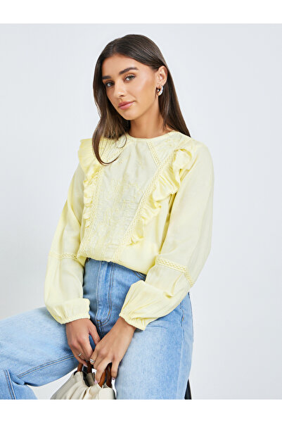 Styli Yellow Embroidered Ruffle Blouse