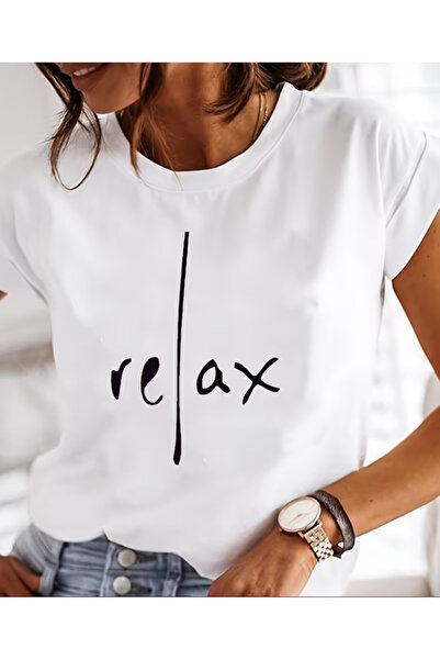 LİNA06 Letter Theme Printed Fitted Round Neck Fashion Women's Short Sleeve