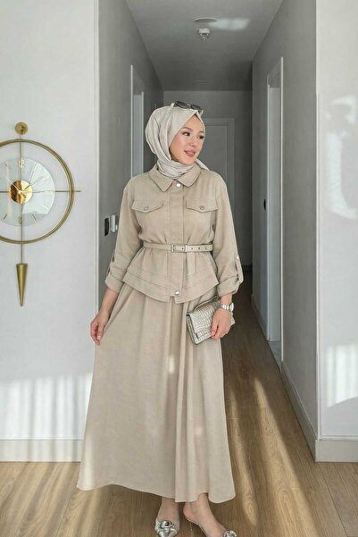Esra Butik78 Bej Rengi Tencel Kumaş Kemerli Etekli Tesettür Takım – Rahat Şık...
