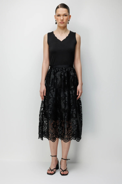 Ekol Floral Embroidered Midi Skirt-3922