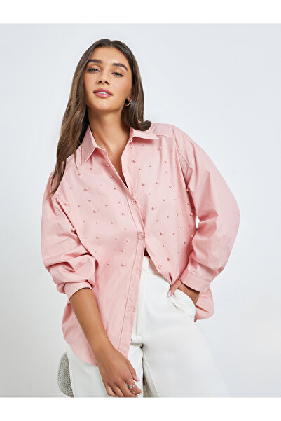 Styli Pink Pearl Embellished Relaxed Fit Shirt