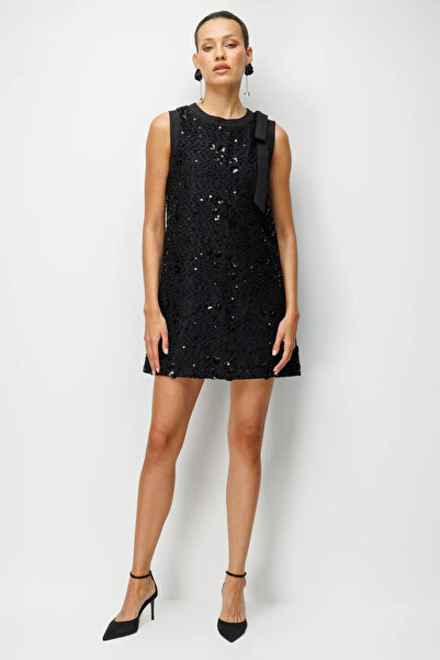 Ekol Shoulder Bow Sequined Mini Dress-6922