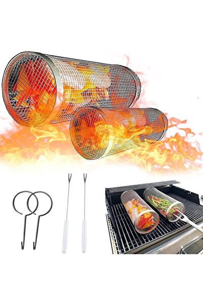 Yelajoy طقم سلة شواء دوارة من قطعتين، سلة شواء من الفولاذ المقاوم للصدأ للطهي...