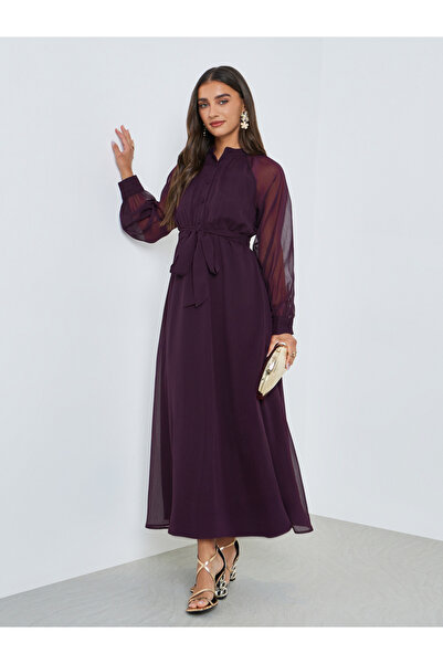 Styli Purple A-Line Maxi Dress with Tie-Up Belt