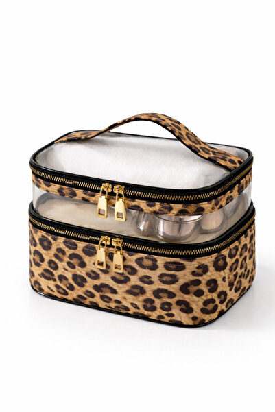 Woys Bags Leopard Patterned Travel Care Bag with Transparent Compartments - 2...