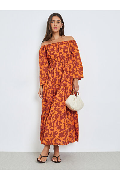 Styli Orange Off Shoulder Cotton Tiered Maxi Dress