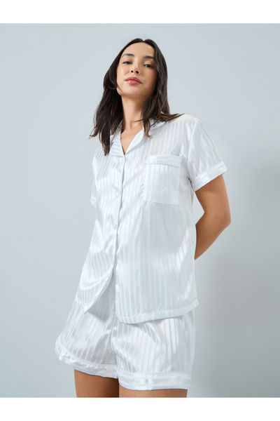Take Two By Styli White Patterned Satin Shirt and Shorts Set