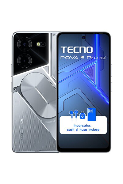 TECNO Telefon mobil Pova 5 Pro, 5G, Dual SIM, 8GB RAM, 256GB, Argintiu