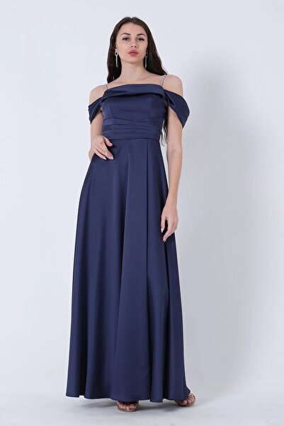 Nehire Γυναικείο βραδινό φόρεμα από σατέν με πέτρινα λουράκια και χαμηλό μανί...