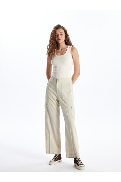 LC Waikiki Pantaloni de damă uni, din amestec de in, cu talie elastică