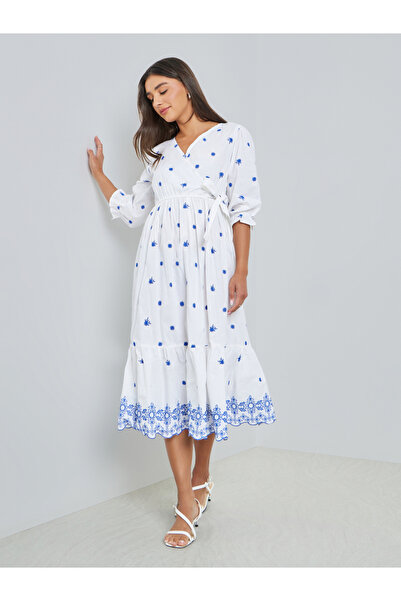 Styli White Embroidered Midi Dress with 3/4 Sleeves