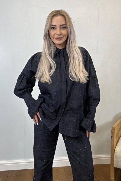 Muna Boutique Antax Stone Embroidered Balloon Sleeve Denim Women's Top and Bo...