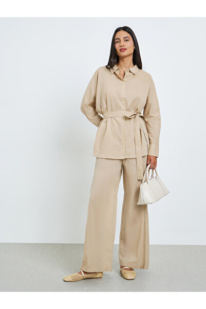Styli Beige Oversized Cotton Shirt and Pants Co-ords