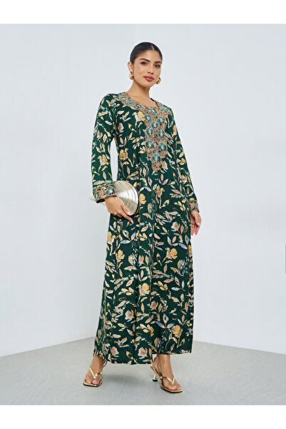 Amirah By Styli Green Floral Print Mukhawar Jalabiya