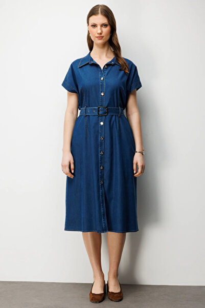 Ekol Beli Belted Polo Neck Midi Dress-6542