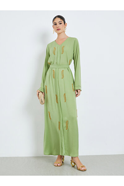 Amirah By Styli Green Beaded Panel Jalabiya with Tie-Belt